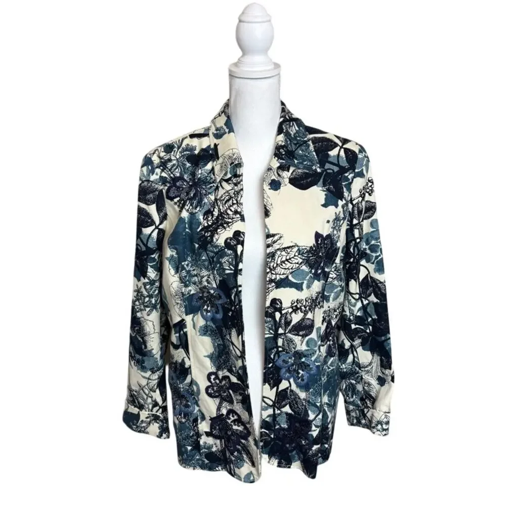Coldwater Creek Floral Midi Jacket Blue Cotton Open Front Spring Size 14
